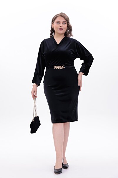 Siyezen Plus Size Velvet Dress with Gold Belt Detail
