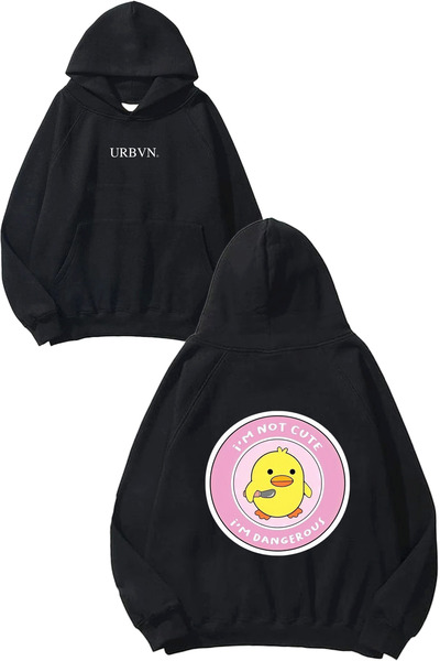 urbvn سويت شيرت بتصميم لطيف وخطر مطبوع قصة فضفاضة أسود بغطاء رأس