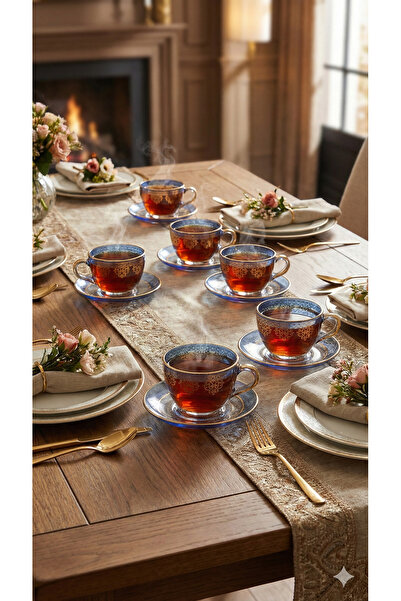 zaTen Pazar Yaldızlı Cam Çay Fincanı Seti | Lüx çay takımı