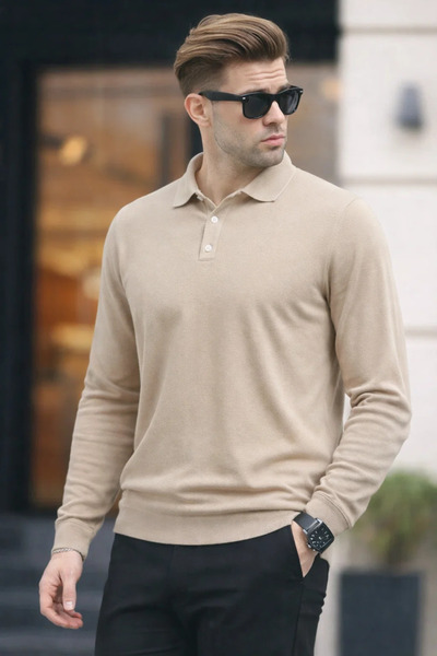 COMBİNE MİCHAİL Men's Polo Neck Knitwear Cream Loose Basic Sweater