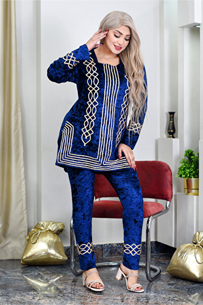 AsrymShop ترنج شتوي بلوزة طويلة مطرز خيوط لون ازرق غامق كحلي