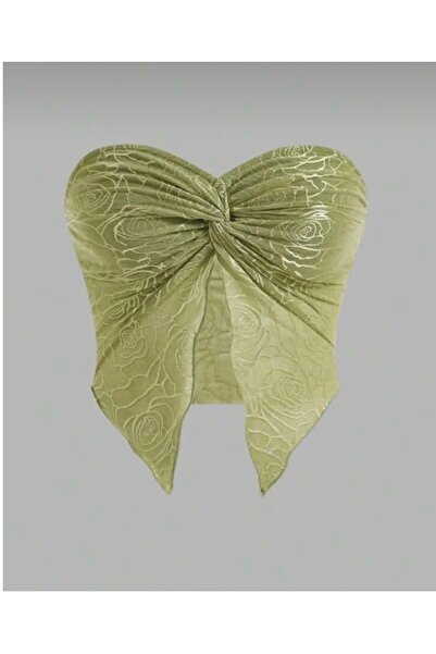 eclatant boutuqie Kadın Yeşil Straplez Çiçek Desenli Drapeli Büstiyer Bluz