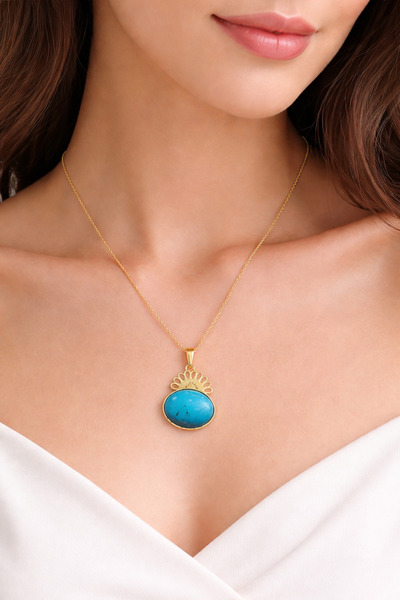 Agai Silver Oval Model Firuze Taşlı Altın Kaplama 925 Ayar Gümüş Halef Dizisi Kolye