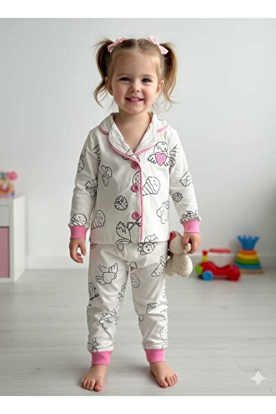 Kız Çocuk Fiyonk Desenli Düğmeli Uzun Kollu 2’li Pijama Takımı – Pamuklu – Kırmızı Ve Pembe Düğmeli