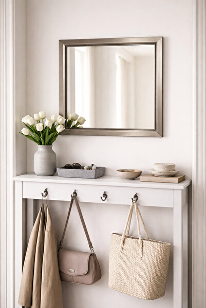 Narkissos Dizayn Gümüş Gri Çerçeveli Duvar Aynası & Boy Aynası-Özel Ölçü Seçenekleri-3cm Çerçeve Genişliği