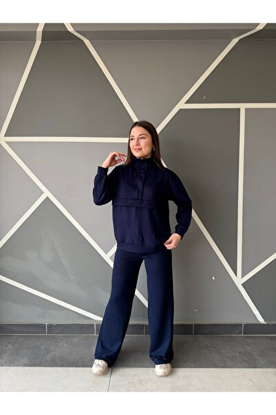 A.T. KIDS-WOMAN Women's Navy Blue Half Zipper Tracksuit Set