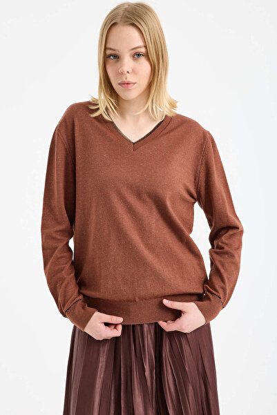 Sementa Sim Detailed V-Neck Knit Sweater - Brown