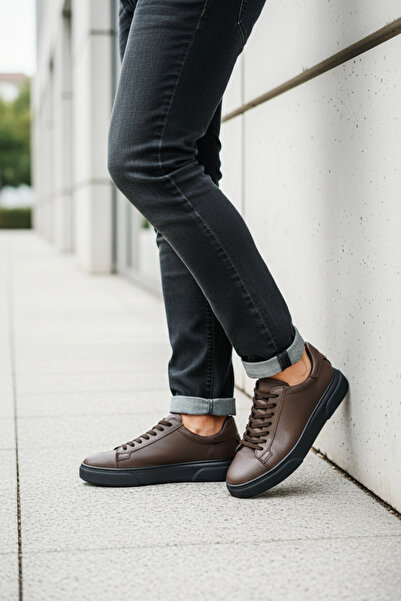 FAYMAZ Pantofi sport pentru bărbați, piele maro, texturată, neagră, cu talpă ...