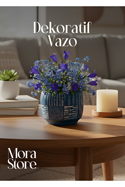 mora store Antik Desenli MaviBeton Saksı 12,5x11 Cm