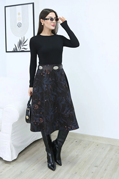 lodmela Printed and Belted Velvet Skirt 6069-Brown/Indigo