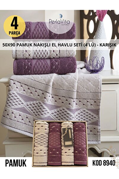 Dantela Kod 8049 50X90 PAMUK NAKIŞLI VE PÜSKÜLLÜ EL HAVLU SETİ (4'LÜ) - KARIŞIK