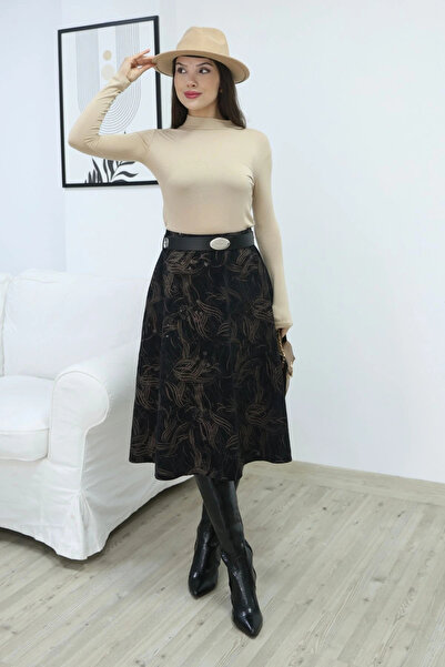 lodmela Printed and Belted Velvet Skirt 6069-Black/Camel