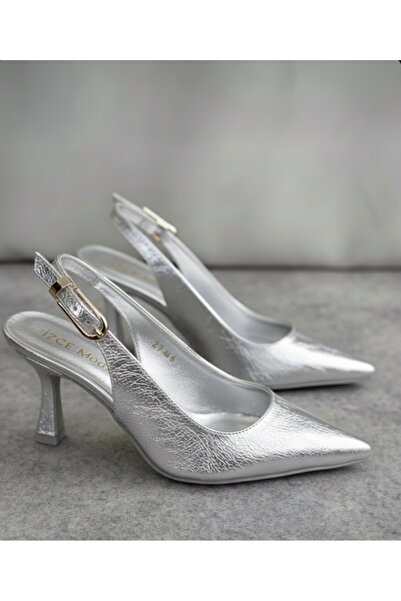 İZCE MODA Women's High-Heeled Pointed Ankle Strap Silver Matte Color