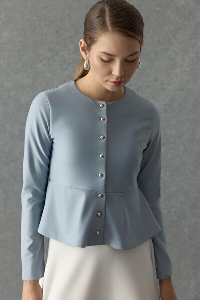 Merve Gültekin Çelik interlok Sık Düğmeli Volanlı Hırka Açık Mavi