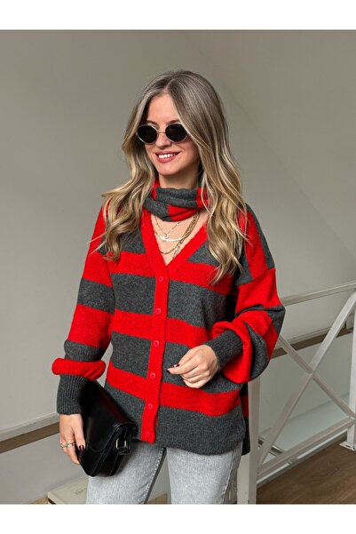 2she Scarf Knitwear Cardigan - Red/Grey