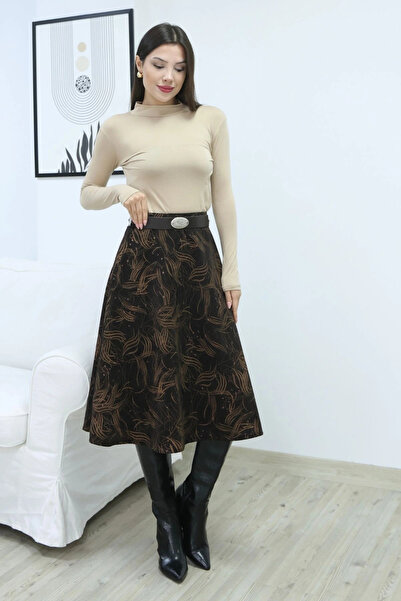 lodmela Printed and Belted Velvet Skirt 6069-Brown/Camel