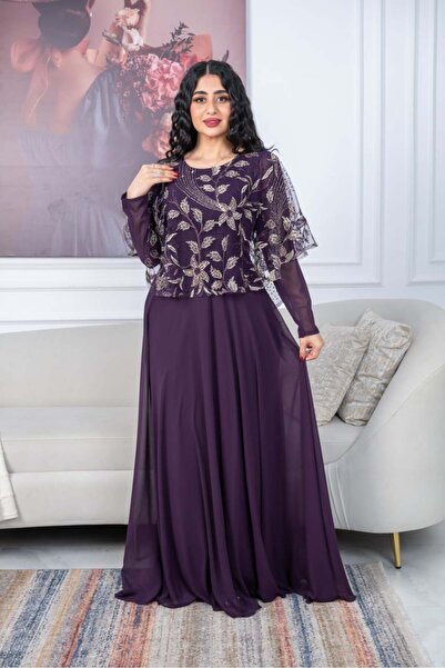TREN Purple Floral Embroidered Cape Maxi Dress Elegant Long Sleeve Evening Gown Overlay Formal Chiffon