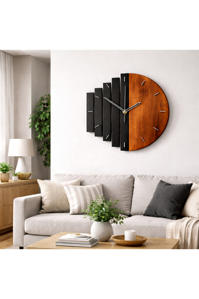 Home Modern Ahşap Duvar Saati | MDF Lazer Kesim | Siyah & Ceviz Tasarım | Dekoratif Salon Ofis Saati