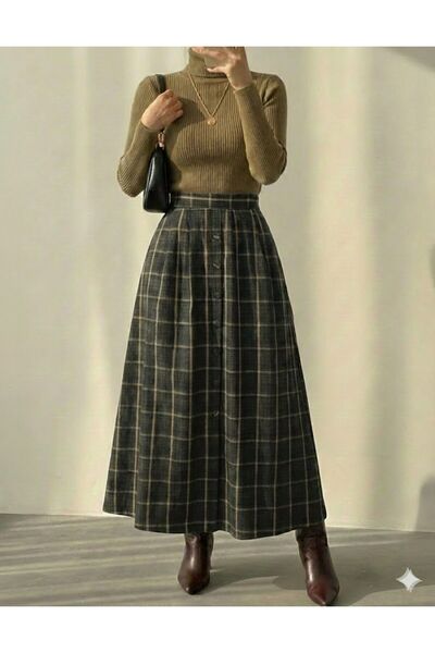 PINTORE Kadın Düğme Detaylı Cepli Uzun Ekose Etek