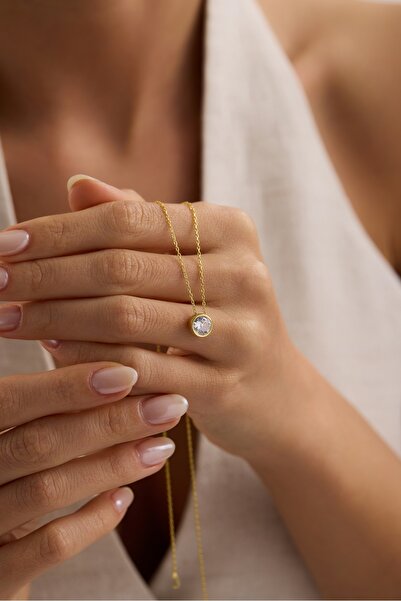 Nereze 925 Ayar Gümüş Gold Kaplama Yuvarlak Tasarım Tektaş Kolye