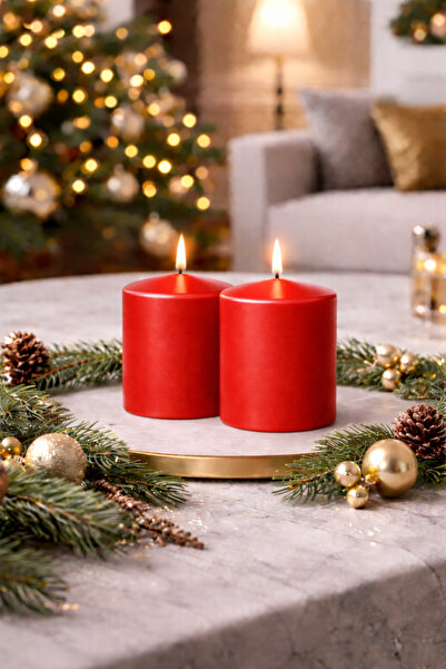 homeartplus 2 li Kırmızı Renk Silindir mum seti 5x8 cm