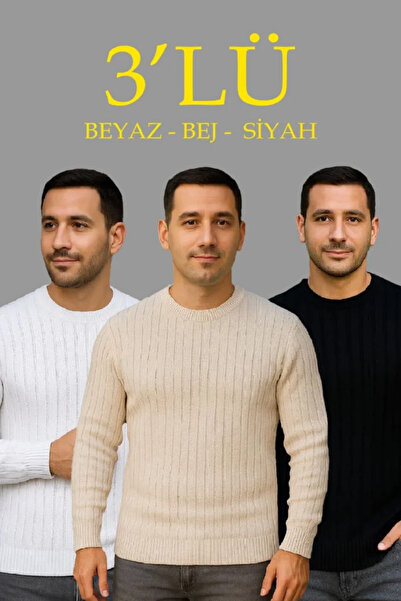 JANES Men's Corded Fabric Knitwear Sweater Set of 3 – Beige, White, Black Thick Woven Cotton Regular Fit Bisik