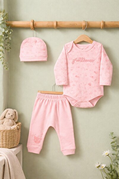 Minelia Kids Baby Girl 100% Cotton 3-Piece Set Bodysuit Pants Hat – Pink 3-9 ...