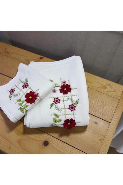 TUTUYA TEXTIL Yoncagül Embroidered White Color Towel Set for Mother and Daughter, Dowry Towel, 3-Piece Towel Set
