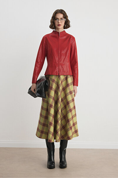 Babushka Oil Green Burgundy Plaid Cape Midi Skirt