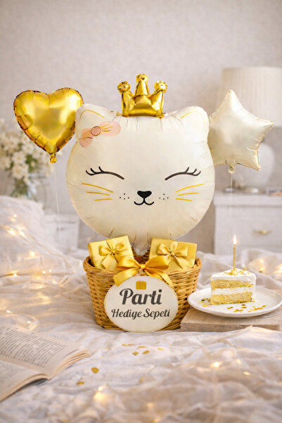 parti hediye sepeti Gold Kedi Balon Süsleme Seti | Taçlı Folyo | Doğum Günü İ...