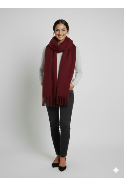Mavero Kadın Bordo Yumuşak Dokulu Akrilik Örgü Atkı Püsküllü Şal