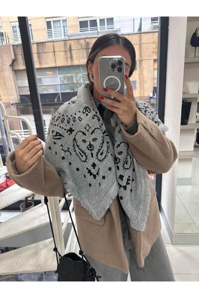 Tina İstanbul Ethnic Patterned Cotton Scarf Gray Black