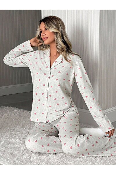 Atelier Masal Women's Heart Printed Shirt Collar Pajama Set