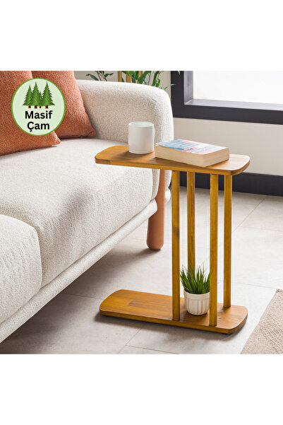 furnirem Masif Çam Ahşap Modern C Sehpa | Koltuk Yanı Yan Sehpa 49x19 cm Meşe