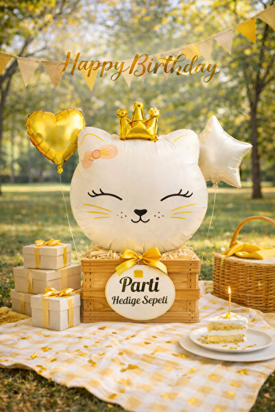 parti hediye sepeti Premium Gold Kedi Doğum Günü Konsepti | Taçlı Folyo Balon...