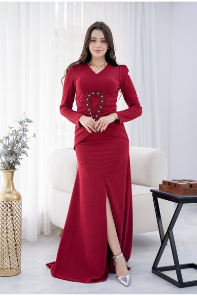 TREN Long Sleeve Crepe Evening Dress with Embroidered Sequin Bodice and Side Slit Formal Gown