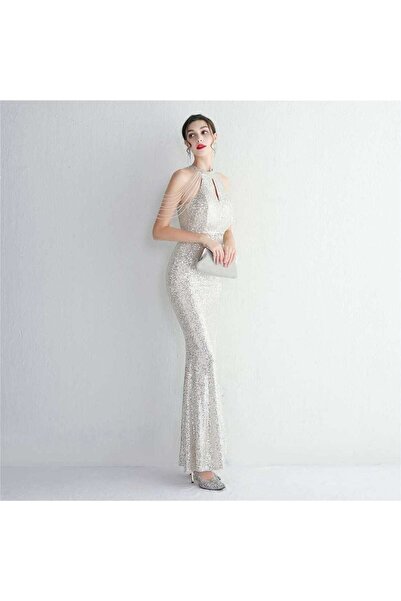 kermiş TREND armut yaka kristal detaylı pullu abiye elbise