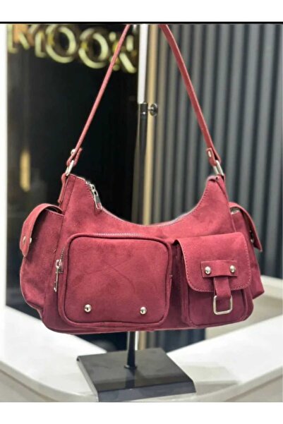 ÖZÜM TAKI حقيبة نسائية رياضية كبيرة الحجم من جلد الغزال باللون الأحمر الداكن