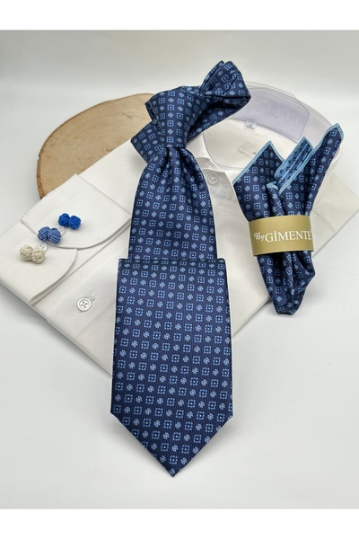 Gutiero Κλασική γραβάτα με μπλε ναυτικό σχέδιο με μαντήλι