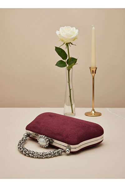 Biçanta Burgundy Silver Luxury Suede Metal Handle Crystal Stone Embroidered Women Evening Bag Wedding Engagement Graduation