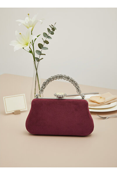 Biçanta Burgundy Silver Luxury Suede Metal Handle Crystal Stone Embroidered Women Evening Bag Wedding Engagement Graduation