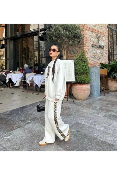 MODİVA MİX Leopard Pattern Detailed Oversized Sweatshirt Set - Suitable for H...