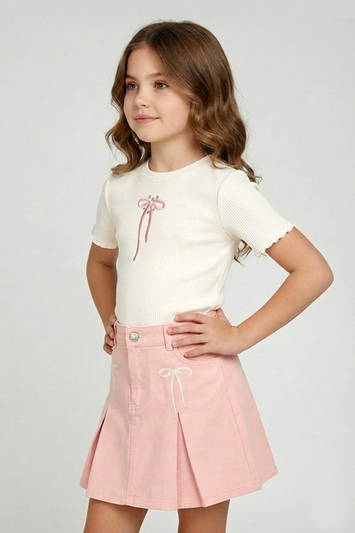 Dmb Κοριτσίστικη φούστα σορτς από γαμπαρντίνα με κέντημα με φιόγκο