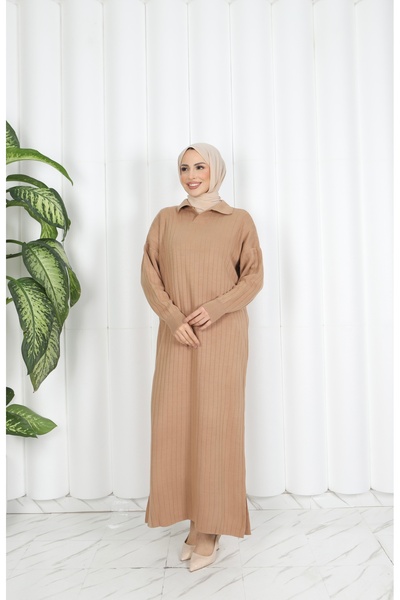 NİSUM MODA Corded Polo Collar Knitwear Dress