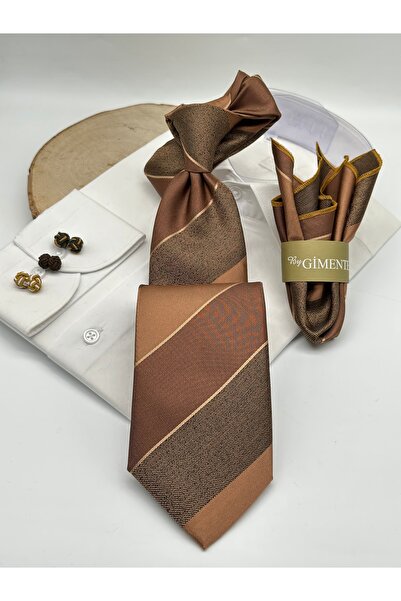Gutiero Classic Tie with Brown Striped Handkerchief