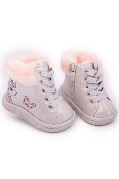 Apawwa Silver First Steps Boots with Pink Fur and Unicorn