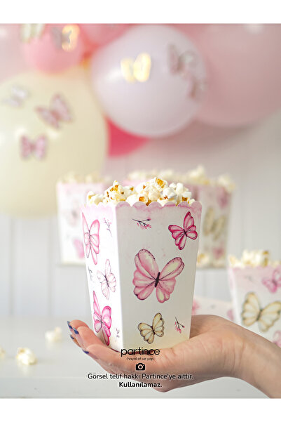 partince 8 Adet Pembe Kelebek Tema Popcorn Patlamış Mısır Kutusu