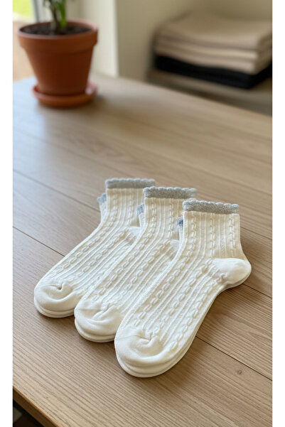 DRAV 3'lü Krem Renk, Simli Lastikli Örgü Desen Kadın Çorap - (Dikişsiz)