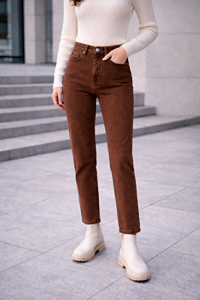 DELDNM Serel Brown Women's High Waist Stretch Fabric Mom Jean Pants - Casual Comfortable Fit