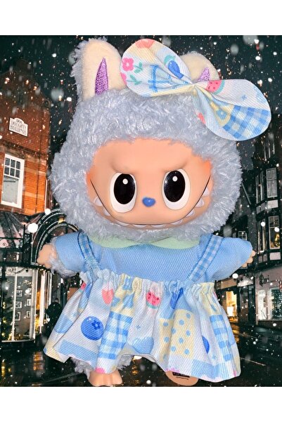OEM Jucarie de plus breloc - tip Labubu - 15 cm - imbracat in rochita colorata - albastru